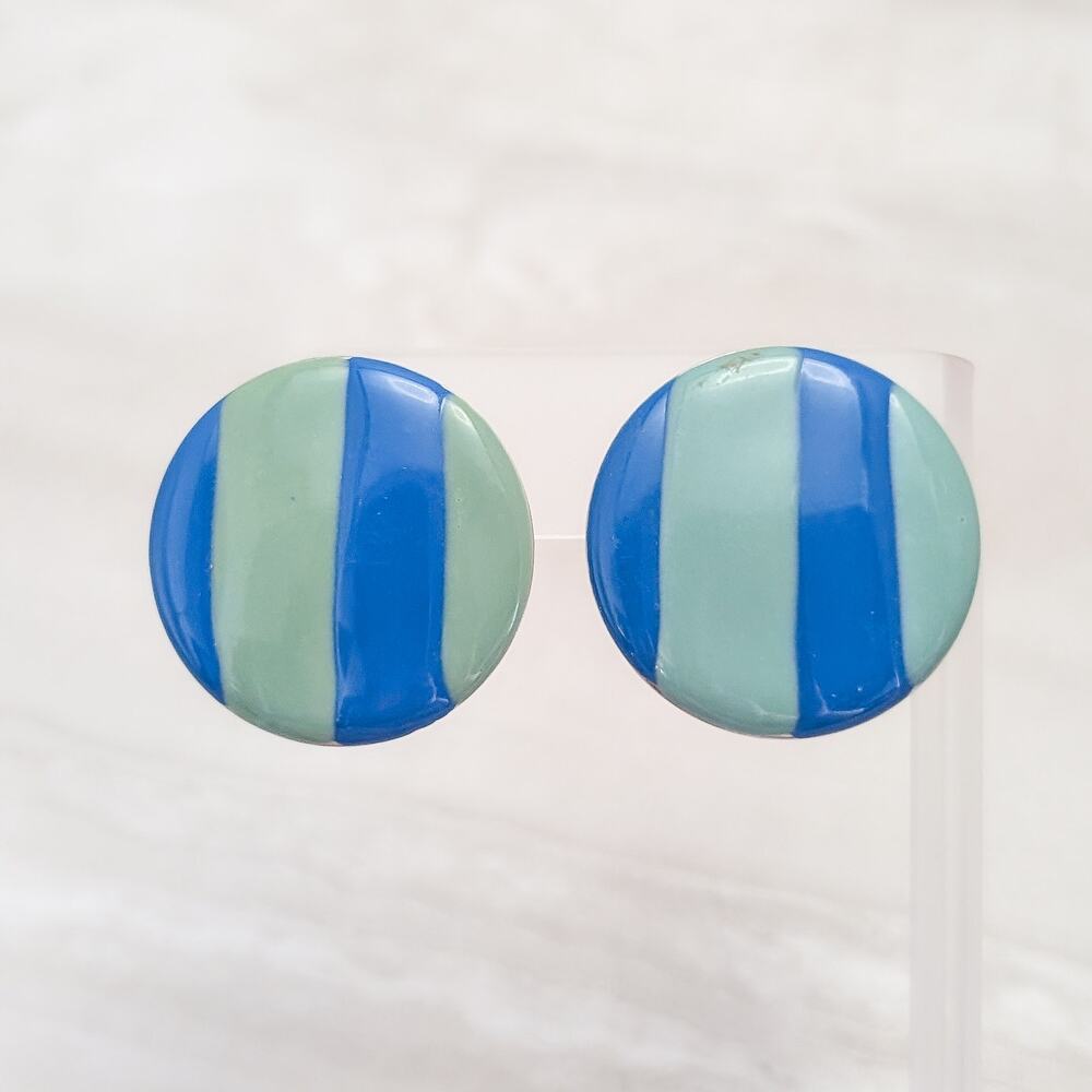 Vintage Clip On Earrings Large Muted Green & Blue Striped Circle Retro Statement